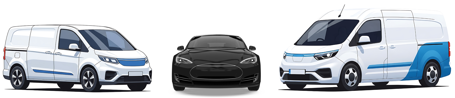 Small van, large van and black executive saloon car.